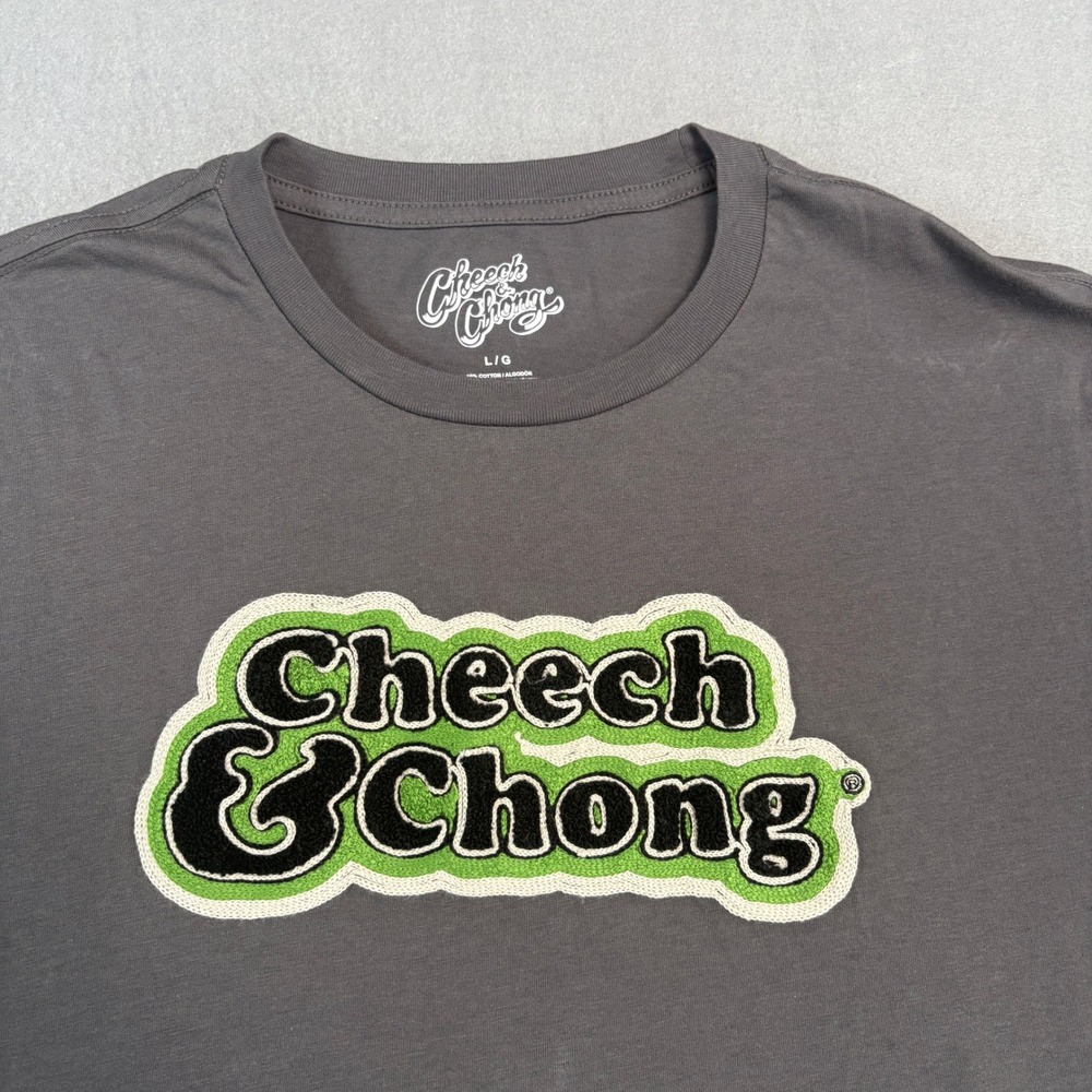 Cheech & Chong Mens Graphic T-Shirt Gray Chenille Logo 420 Nug Life Large